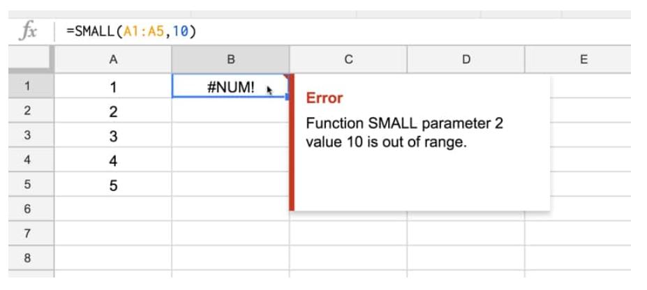 Lỗi #NUM! trong Google Sheets liên quan hàm LARGE và SMALL